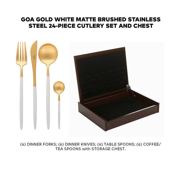 GOA WHITE MATTE BRUSHED GOLD PLATED 24 pieces 6 TABLE KNIVES  6 TABLE FORKS  6 TABLE SPOONS  6 TEA SPOONS