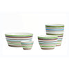 Acclaimed internationally, iittala Origo is an award-winning design comprised of brightly-striped ceramic bowls, mugs, and plates that are designed for practical, everyday use; the saucers and plates act as both lids and chargers for the iittala Origo mugs and bowls, creating a stackable and interchangeable design.