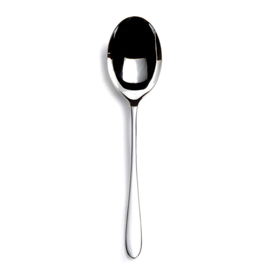 Pride stainless steel serving spoon. PRODUCT CODE 2500131. Length: 20.6cm Width: 4.8cm Material: 18/10 stainless steel Dishwasher safe: Yes.