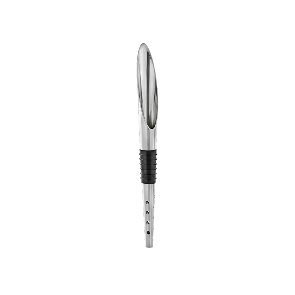 Rosendahl Pourer, Aerator & Decanter 25046. This pourer stopper aerates the wine, expanding its surface area to develop the taste.  Material: Stainless steel and black Diameter: 0.09" Length: 9.4" Width: 0.9" Please note: Not dishwasher-safe