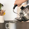 Super elegant Japanese design by Sori Yanagi in brushed stainless steel with matte black knob and handle. Kettle is thought to allow for a series of pouring action smoothly. The handle is comfortable to the hand and allows you to pour easily without excessive pressure on your wrist or finger. 
