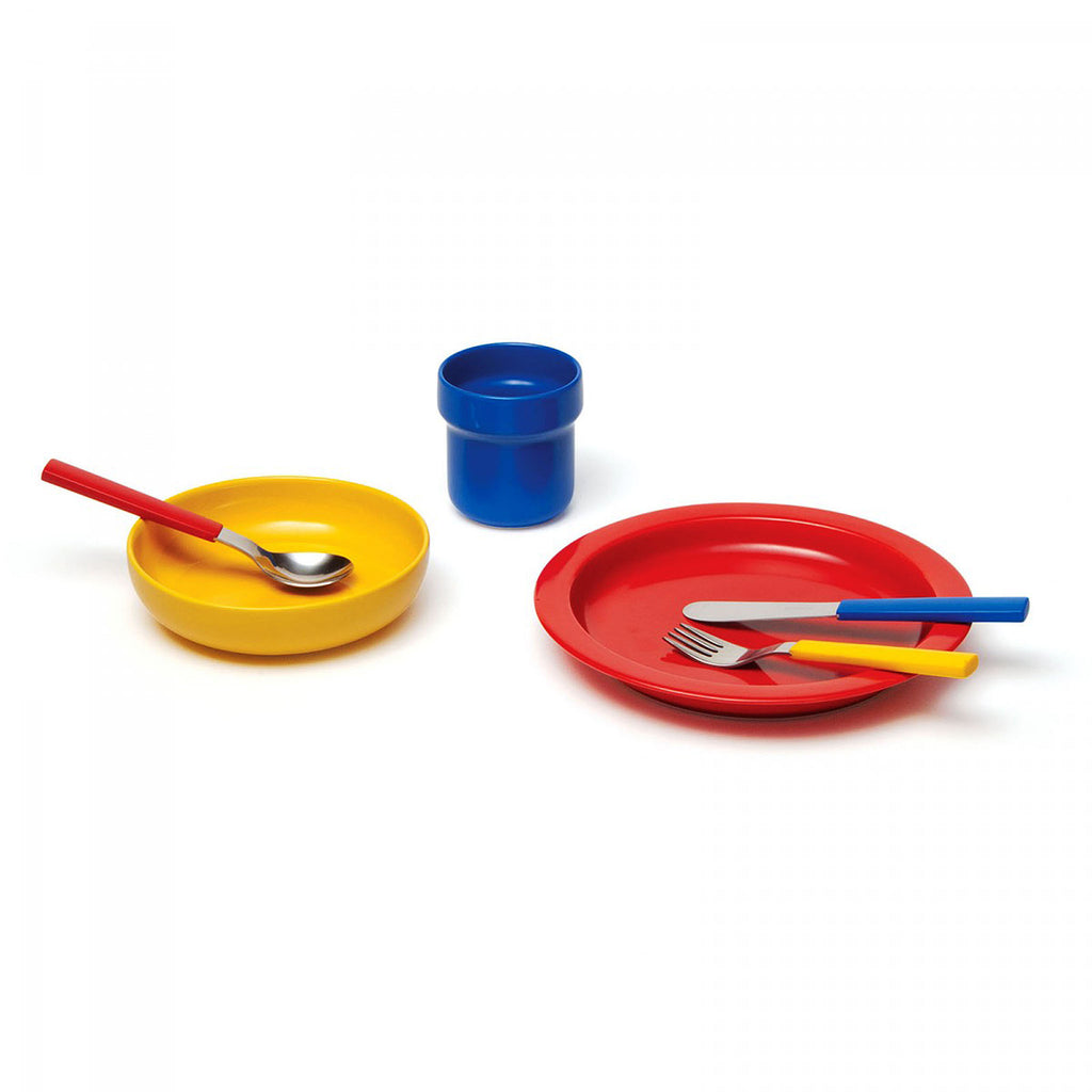 David Mellor porcelain children's tableware 3-piece set with child's cutlery set.
