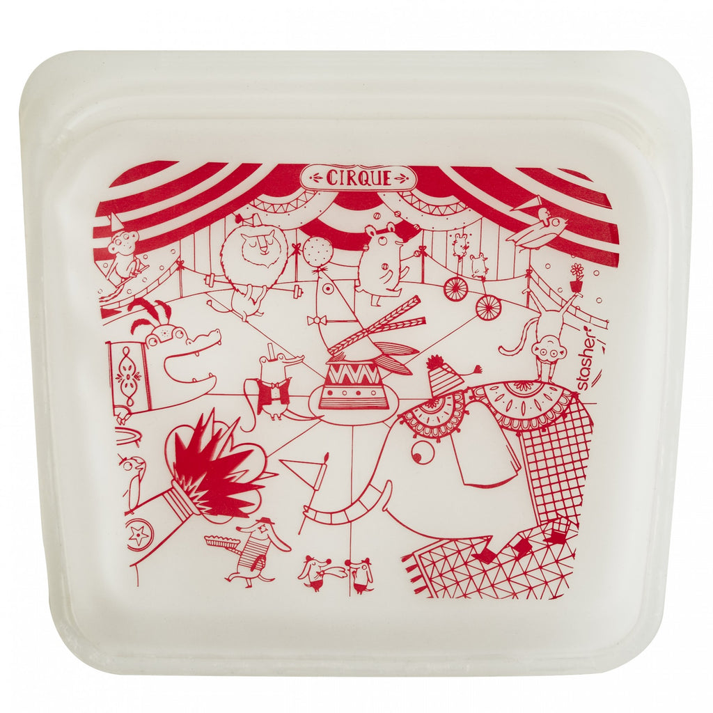 Stasher Circus Sandwich Bag. Illustration by Christine Pym. SKU STSBCR. UPC 816990012622. endlessly reusable, food-grade platinum silicone.